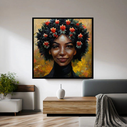 Black woman head flowers Canvas wall art,Black art, Black girl print, flower woman painting, Girl Flowers Poster - Y Canvas