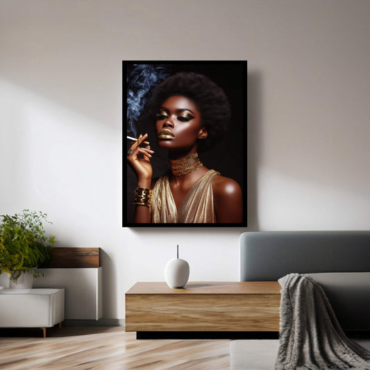 African Black Woman Gold Make-up Smoke Canvas Portrait Canvas Wall Art - Y Canvas