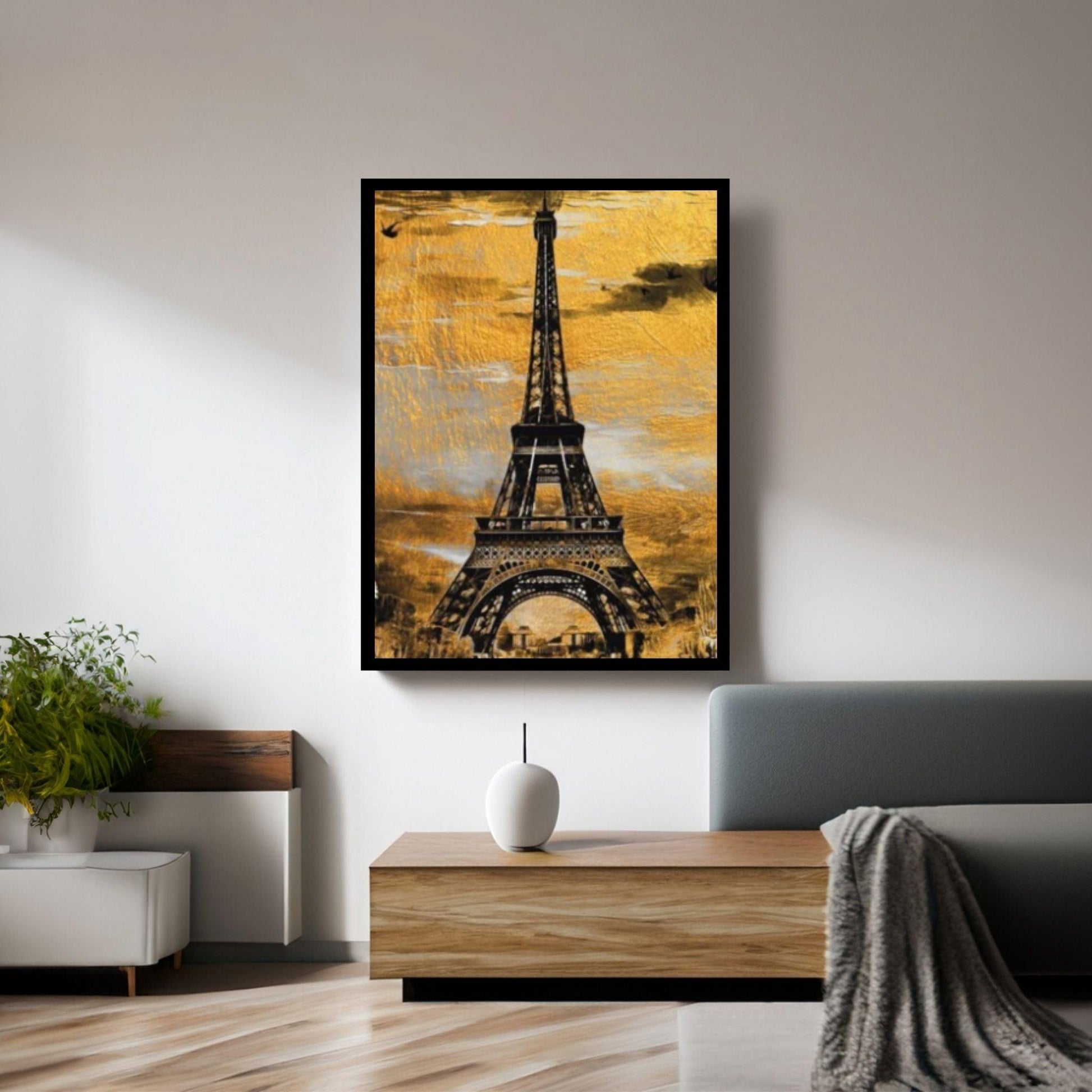 Gold Black Canvas Wall Art, Gold Black Abstract Canvas, Love in Paris Canvas, Eiffel Tower Art - Y Canvas