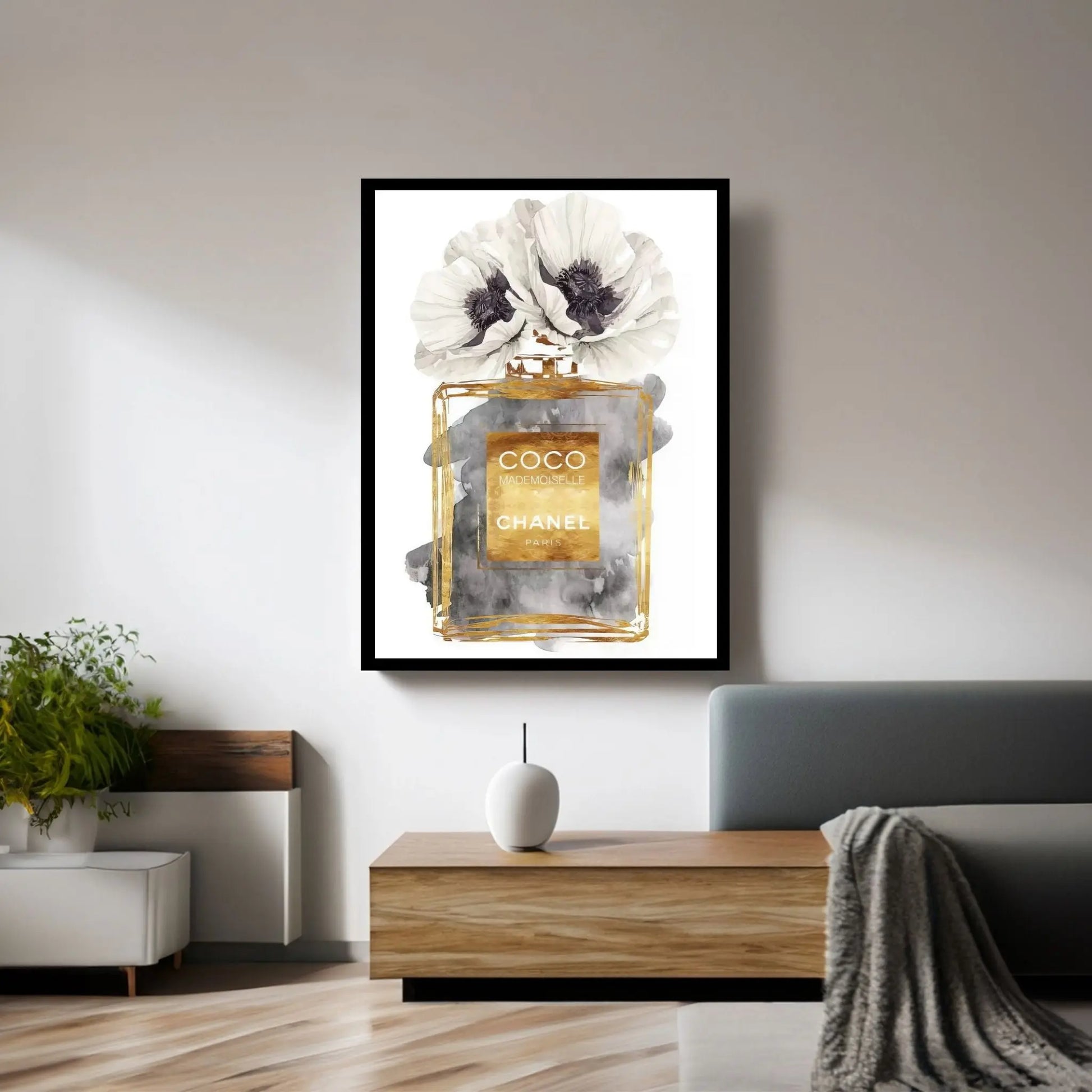 Perfume Bottle, Dark Gold With Dark Grey & White Poppy Canvas Wall Art - Y Canvas