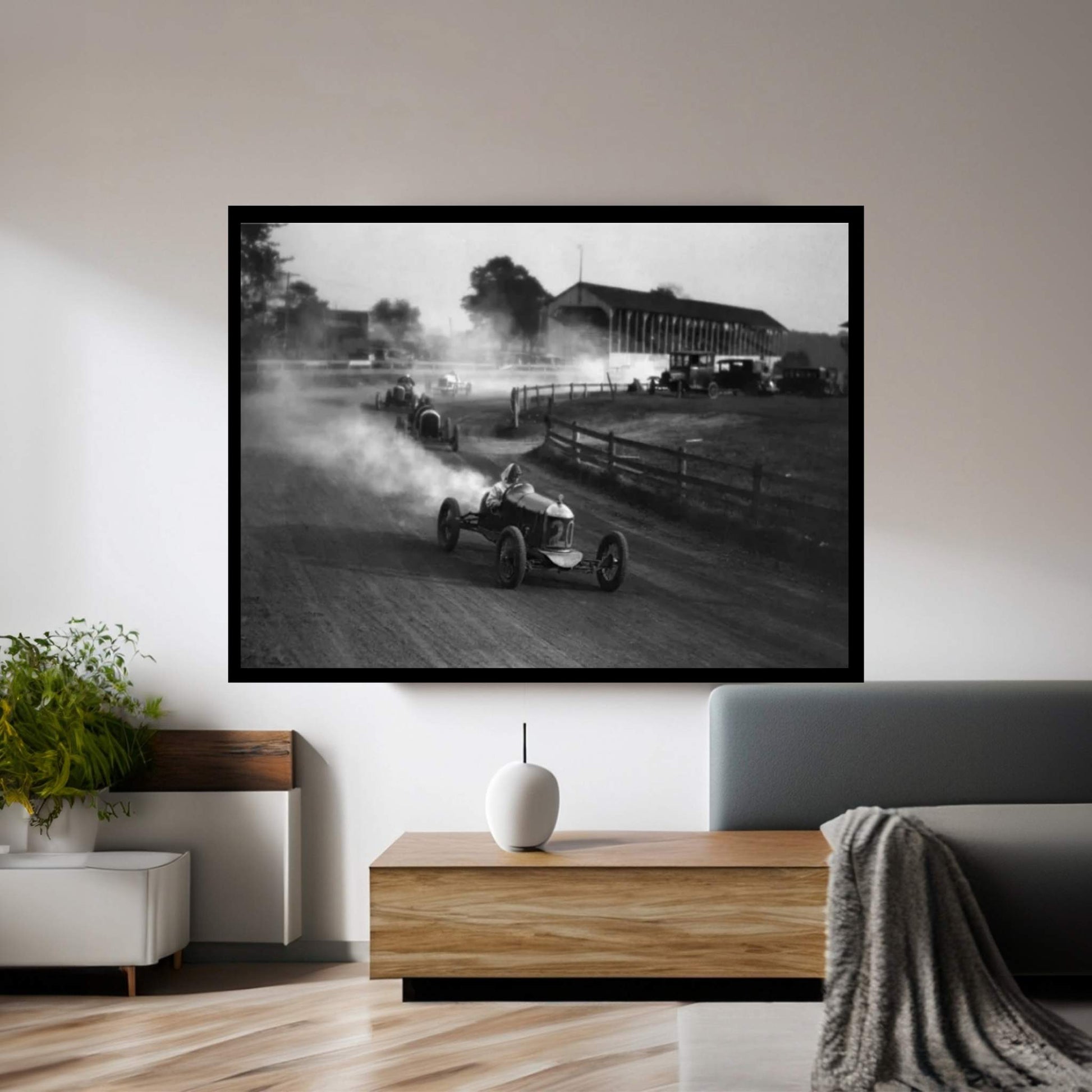 1930s Auto Race On Dirt Track With Cars Going Around Turn Kicking Up Dust Canvas Wall Art - Y Canvas