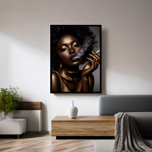 African Black Woman Gold Make-up Smoke Canvas Portrait Canvas Wall Art - Y Canvas