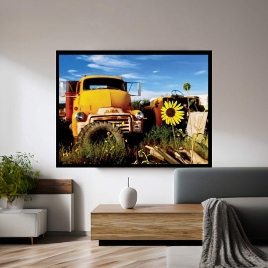 Yellow Daisy With Truck Canvas Wall Art - Y Canvas