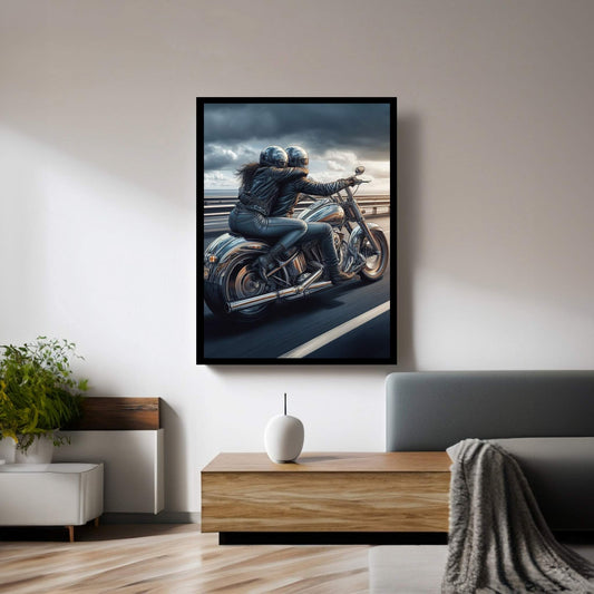 Metallic Couple Eiding A Motorcycle Canvas Wall Art - Y Canvas