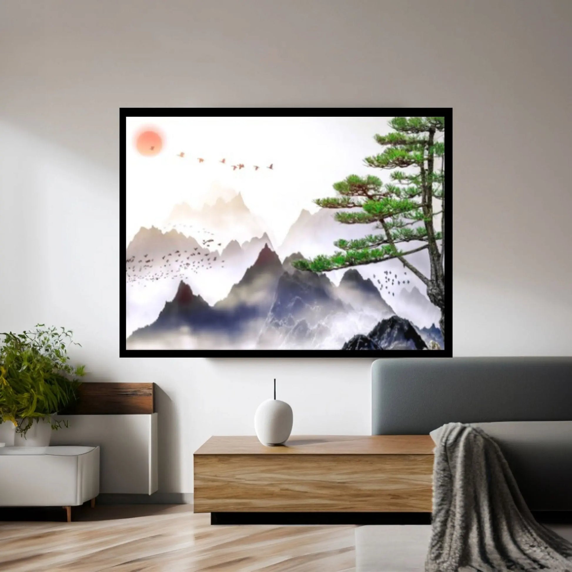 Japanese Landscape Painting of Pine Trees Canvas Wall Art, Distant Mountains, Cloud and Sunrise - Y Canvas