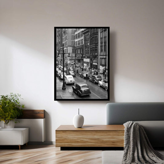 1940s Rainy Day On Chestnut Street Philadelphia Pa Cars Pedestrians Storefronts Canvas Wall Art - Y Canvas