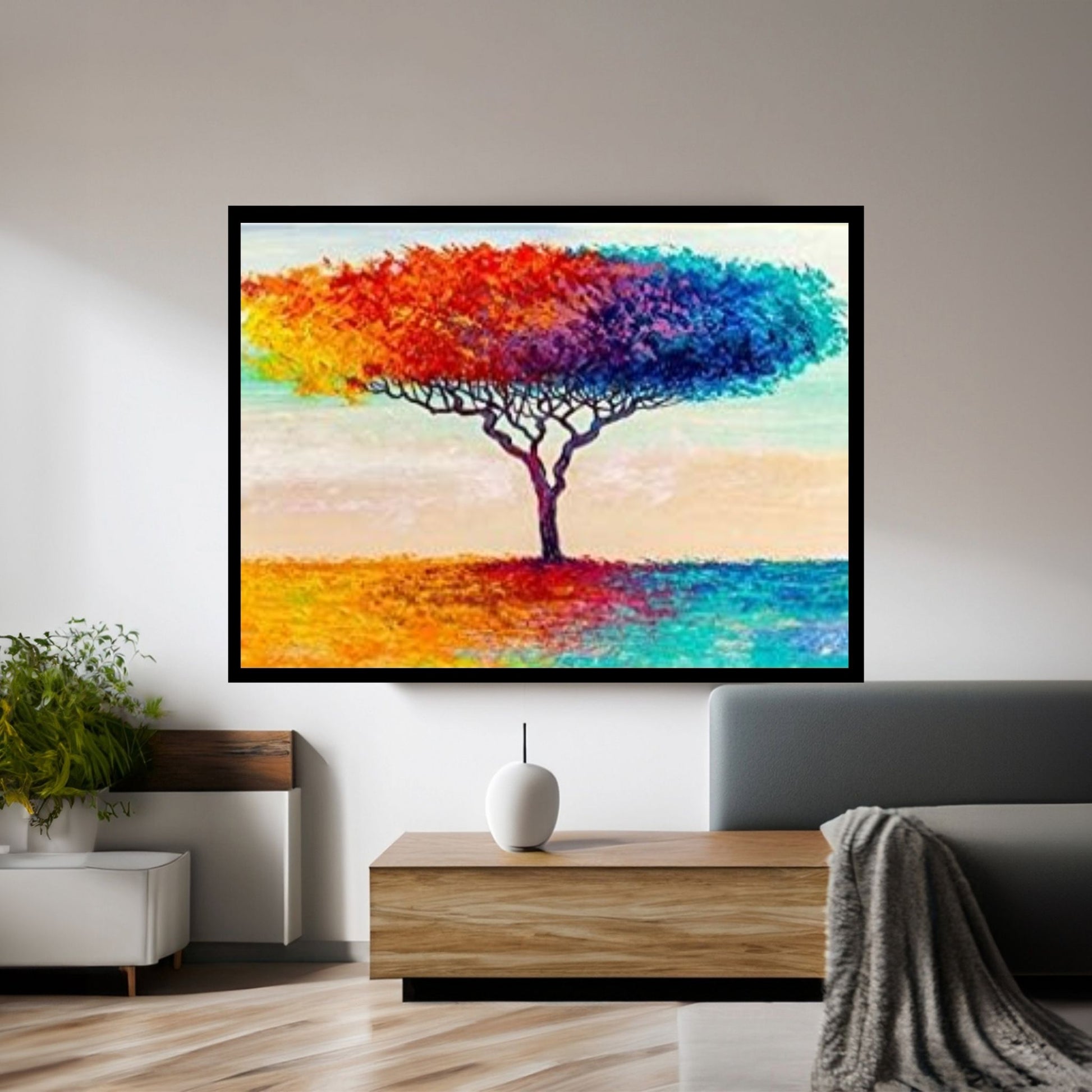 Colorful Tree Oil Painting On Canvas, Red & Blue Tree Wall Art, Custom Canvas Wall Art, Textured Wall Art - Y Canvas