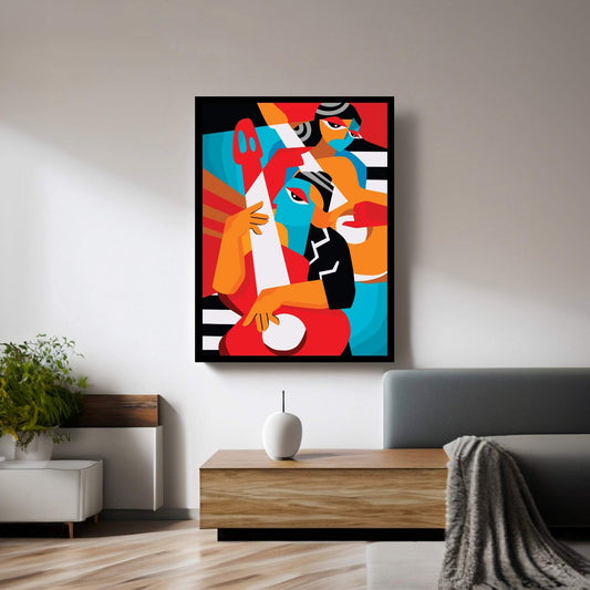 Husband and Wife Couple Playing Picasso Style Musical Instruments Canvas Wall Art - Y Canvas