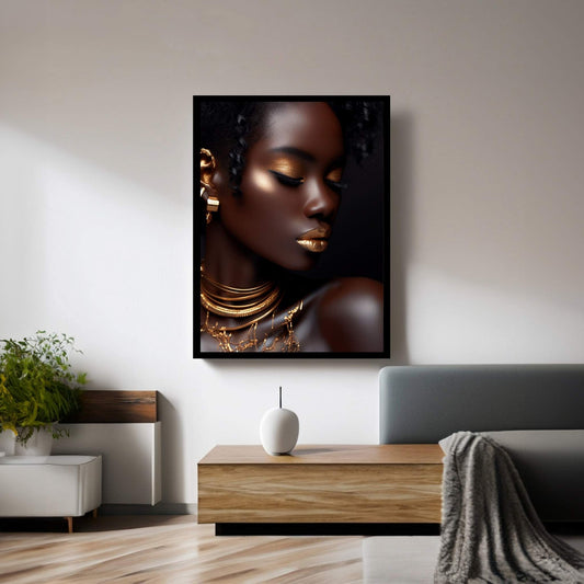 African Black Woman Gold Make-up Canvas Portrait Canvas Wall Art - Y Canvas