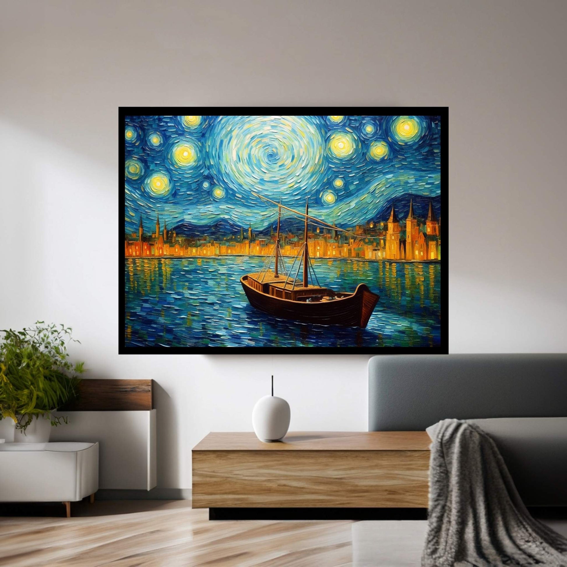 Van Gogh Style Starry Nigt Boat Ship Landscape Reproduction Canvas Wall Art - Y Canvas