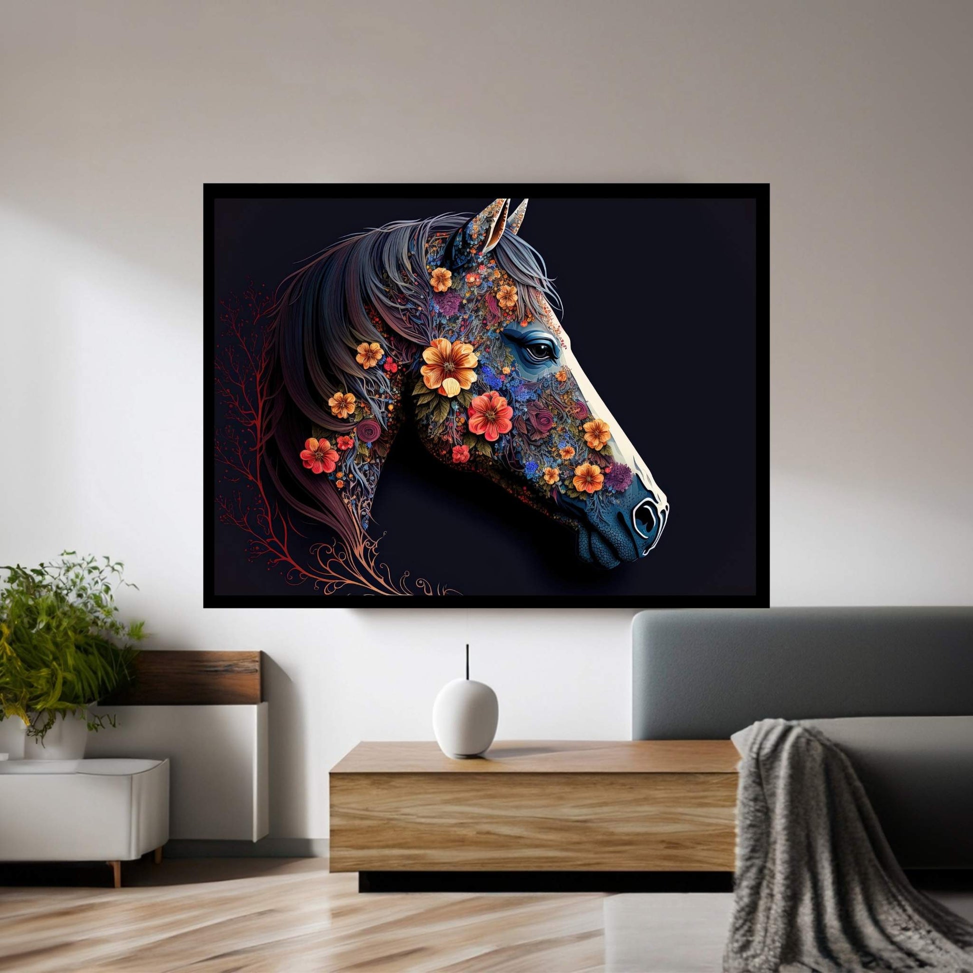 Beautiful Colorful Black Horse Flower Canvas Wall Art , Animal Wall Art - Y Canvas