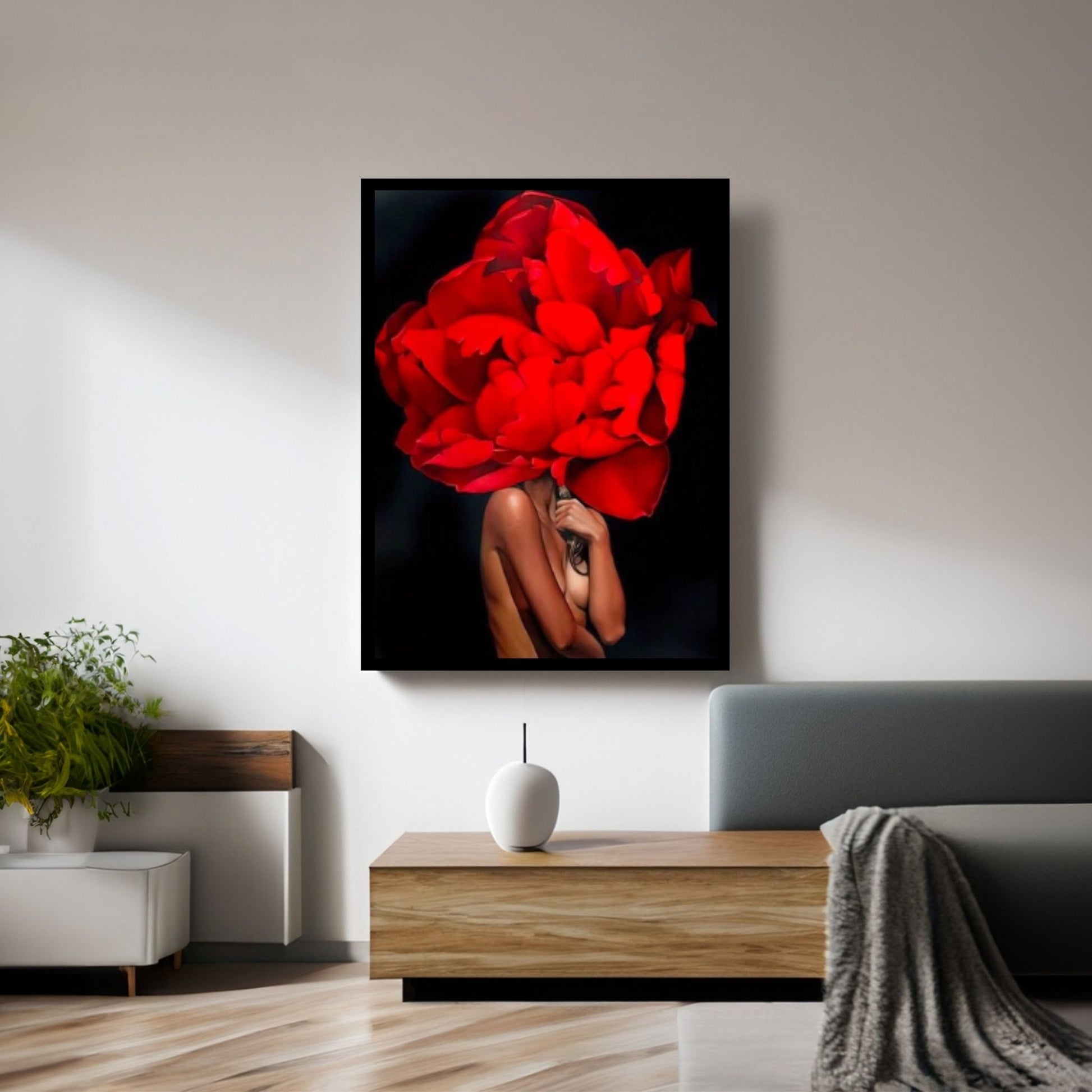 Red Rose Head Woman Canvas Painting - Y Canvas