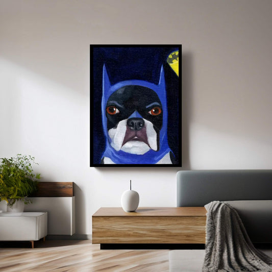 Boston Terriers Wearing Hats XVI (Batman) Canvas Wall Art - Y Canvas