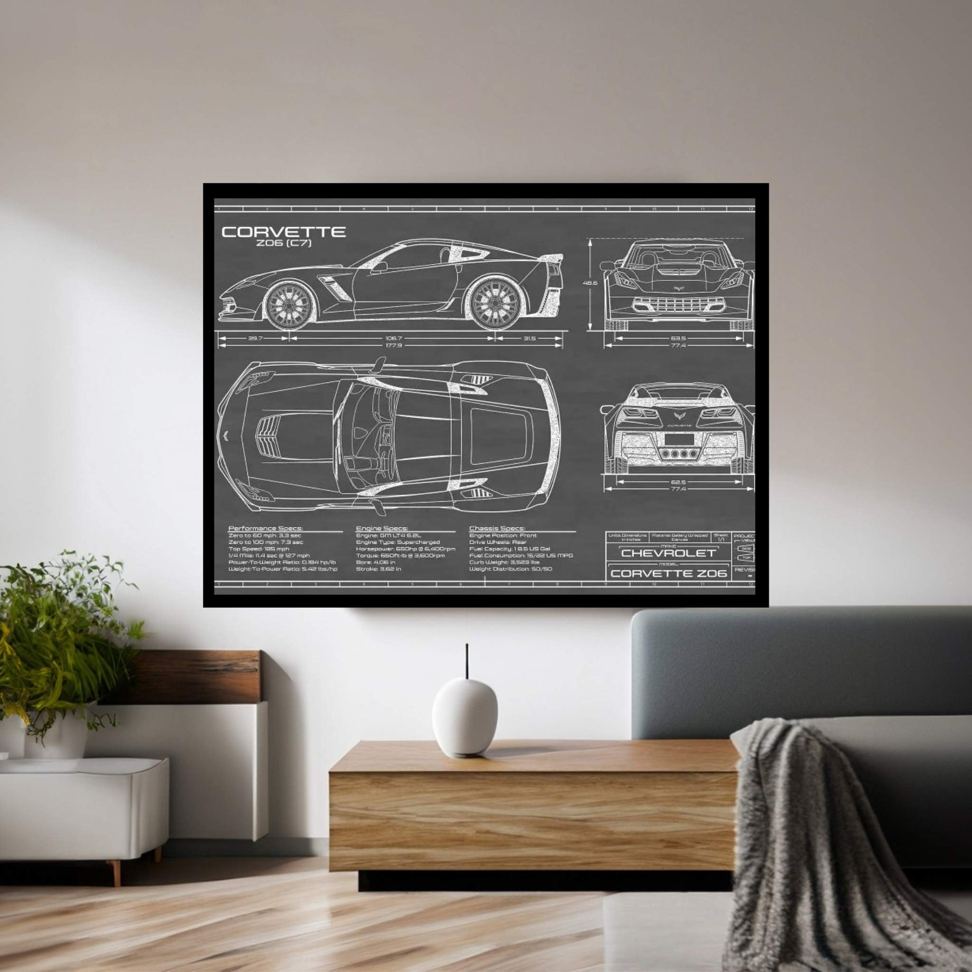 Corvette (C7) Z06 Black Canvas Wall Art - Y Canvas