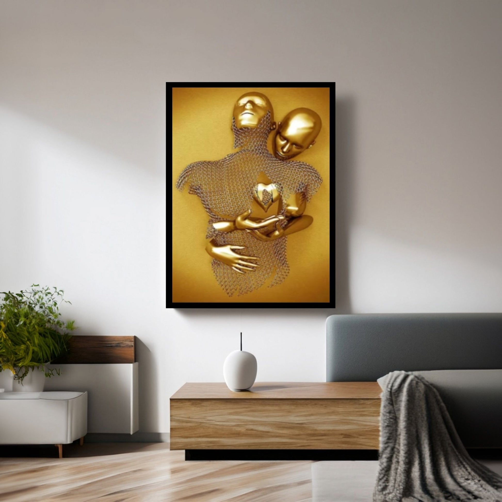 Couple Kissing Canvas Wall Art Gold Modern Stunning Wall Decor, Love heart Wall Art - Y Canvas