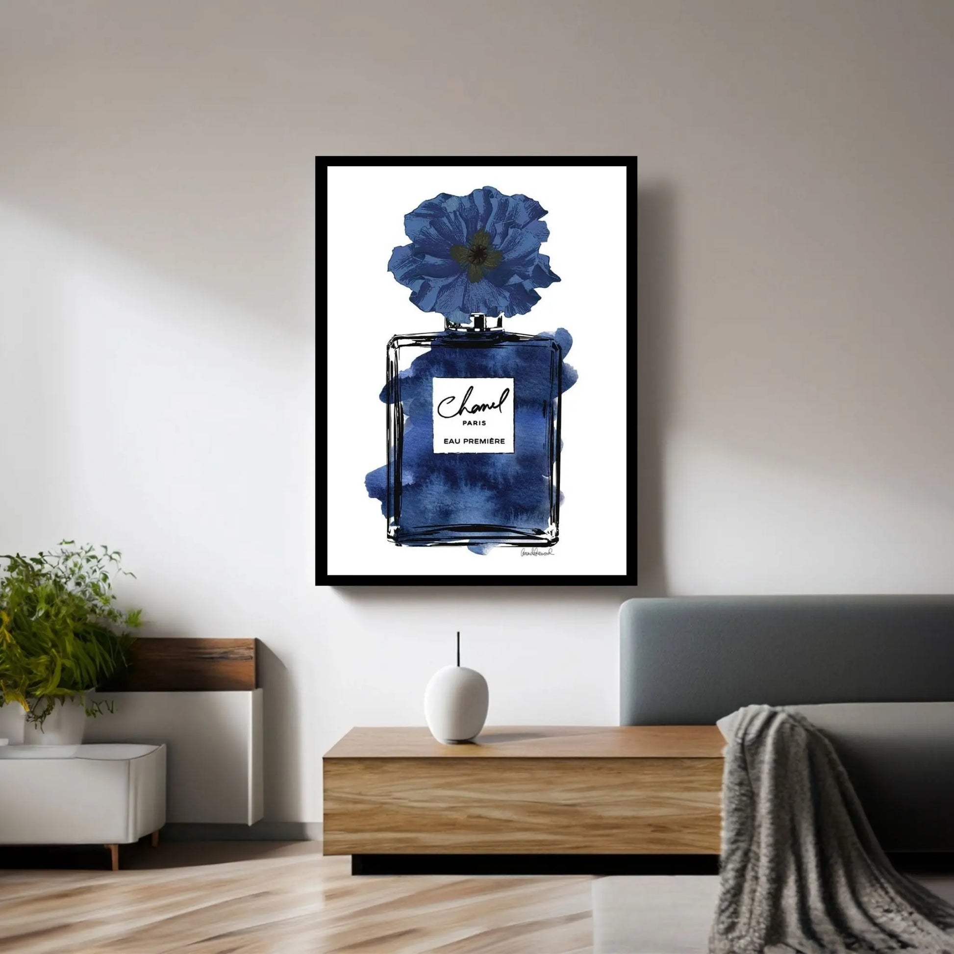 Perfume With Black & Blue Flower Canvas Wall Art - Y Canvas