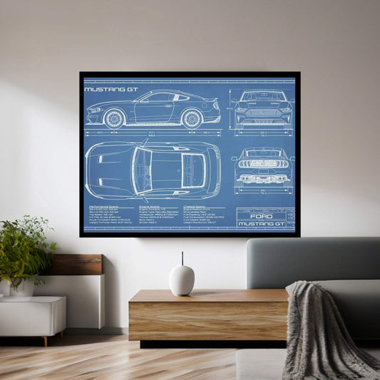 Mustang GT (2018-2020) Blueprint Canvas Wall Art - Y Canvas