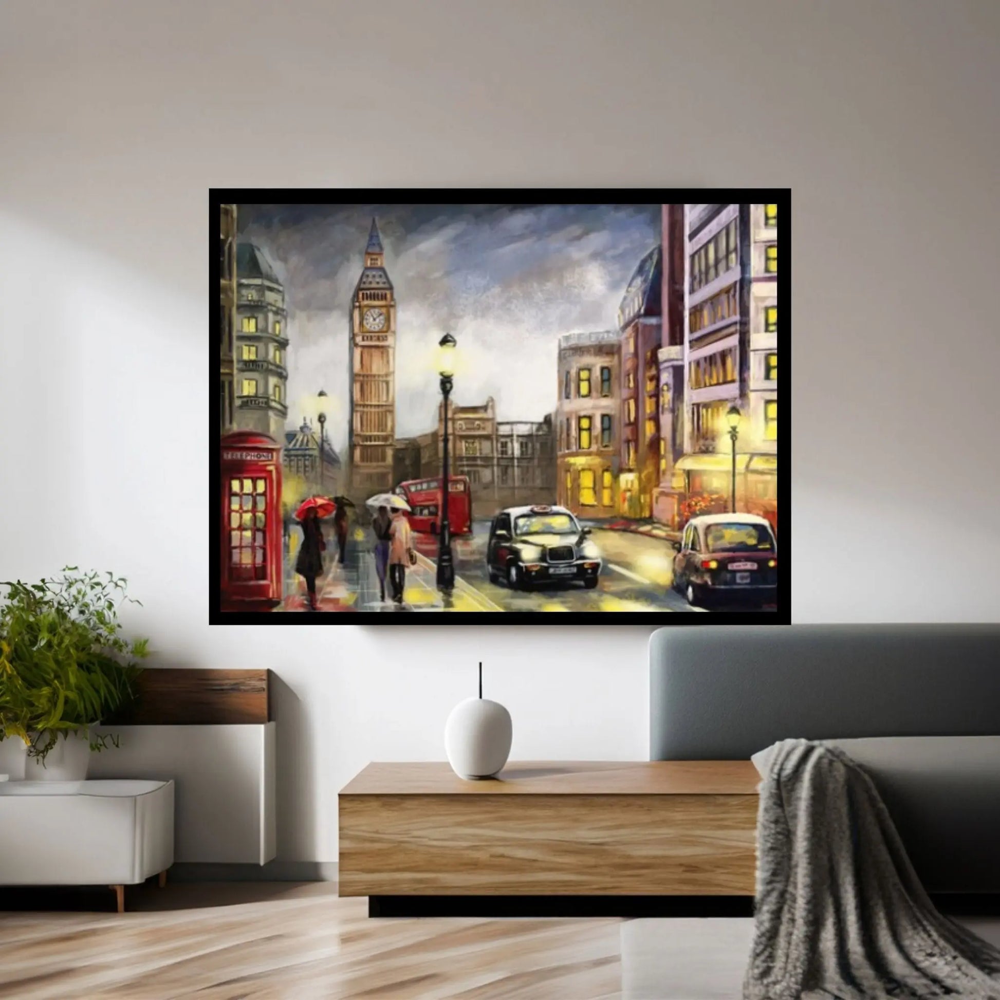 Romantic England London Couple Red Umbrella Canvas Wall Art, London Oil Effect Canvas Art - Y Canvas