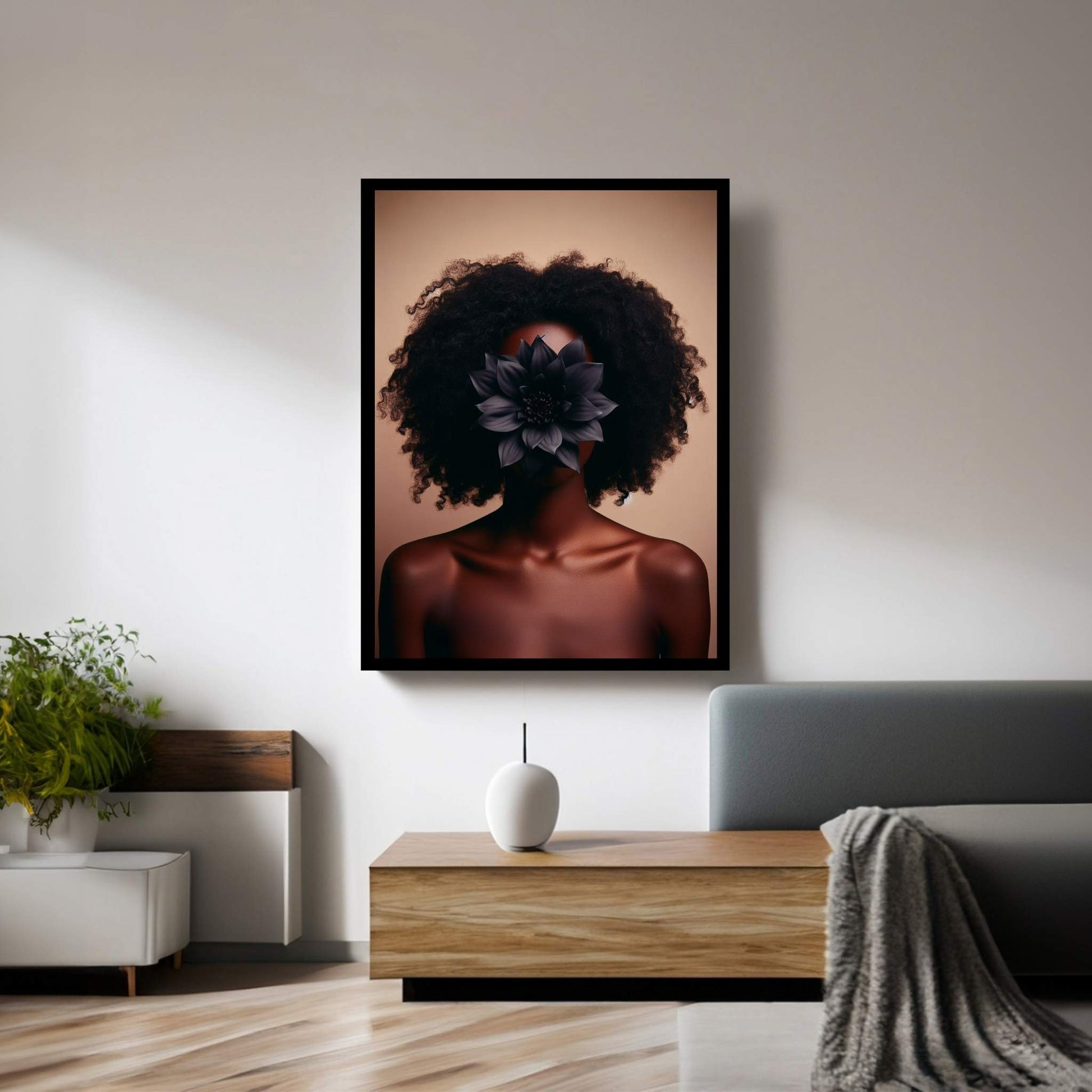 African Black Woman Canvas Flower Portrait Canvas Wall Art - Y Canvas