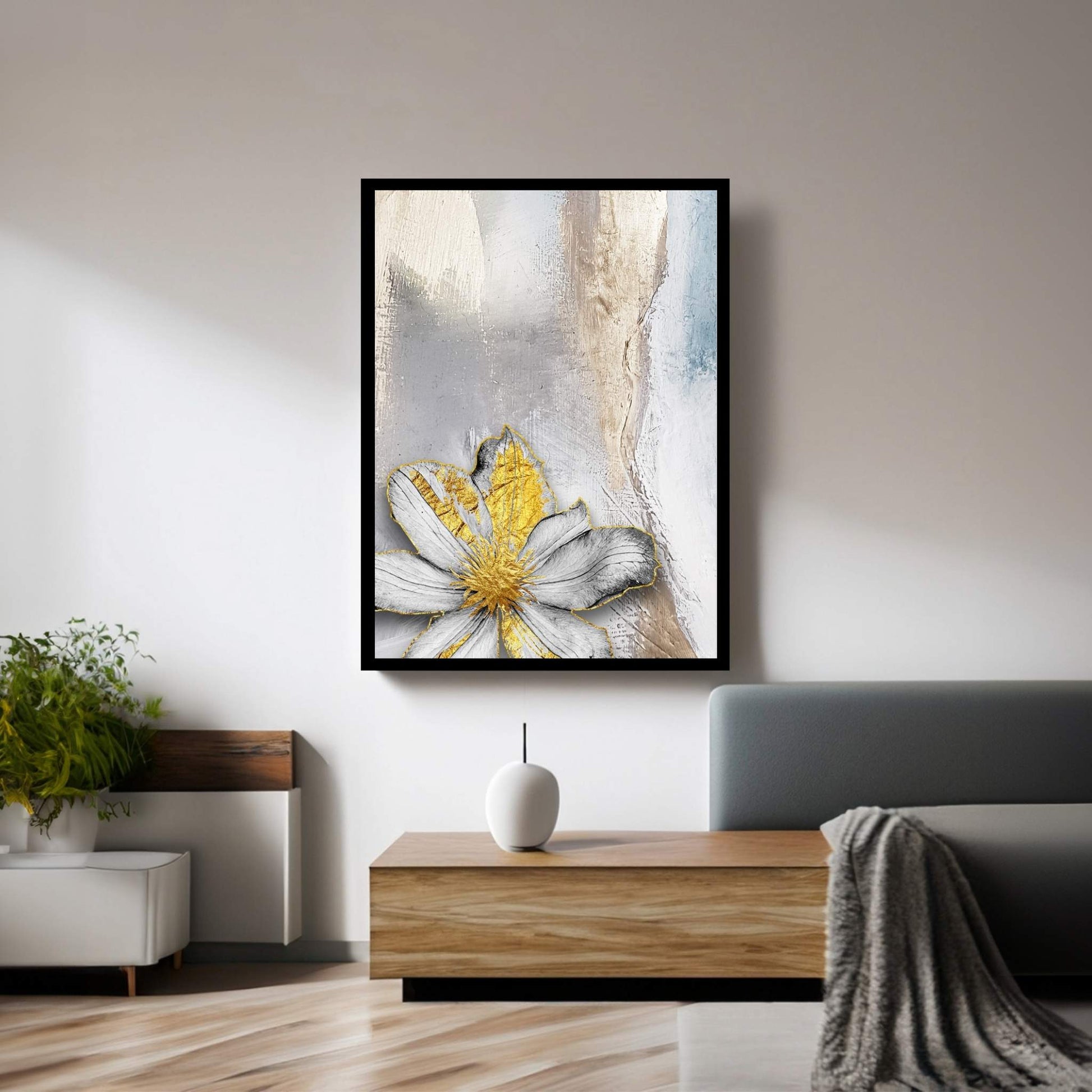 White Flower with Gold Detail Modern Abstract Canvas Wall Art - Y Canvas