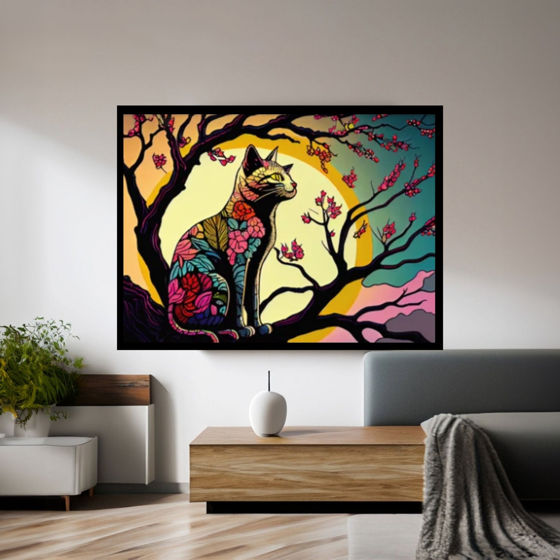 Cat Animal Canvas - Rainbow Cat- Japanese Cherry Tree - Picasso Style - Y Canvas