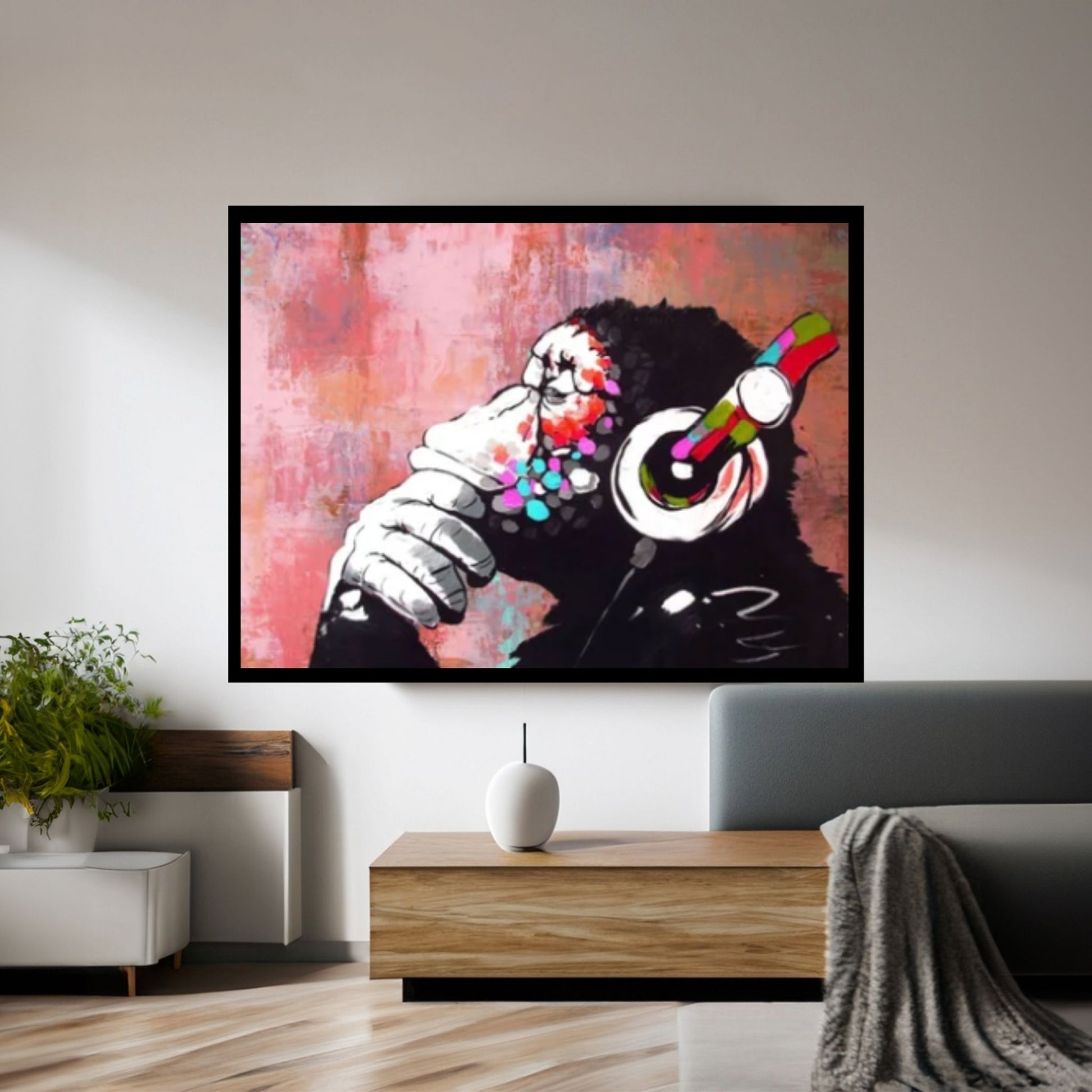 Banksy Dj Monkeycanvas Wall Art, Thinking Monkey Canvas Print, Animal Wall Art, Headphone Monkey - Y Canvas