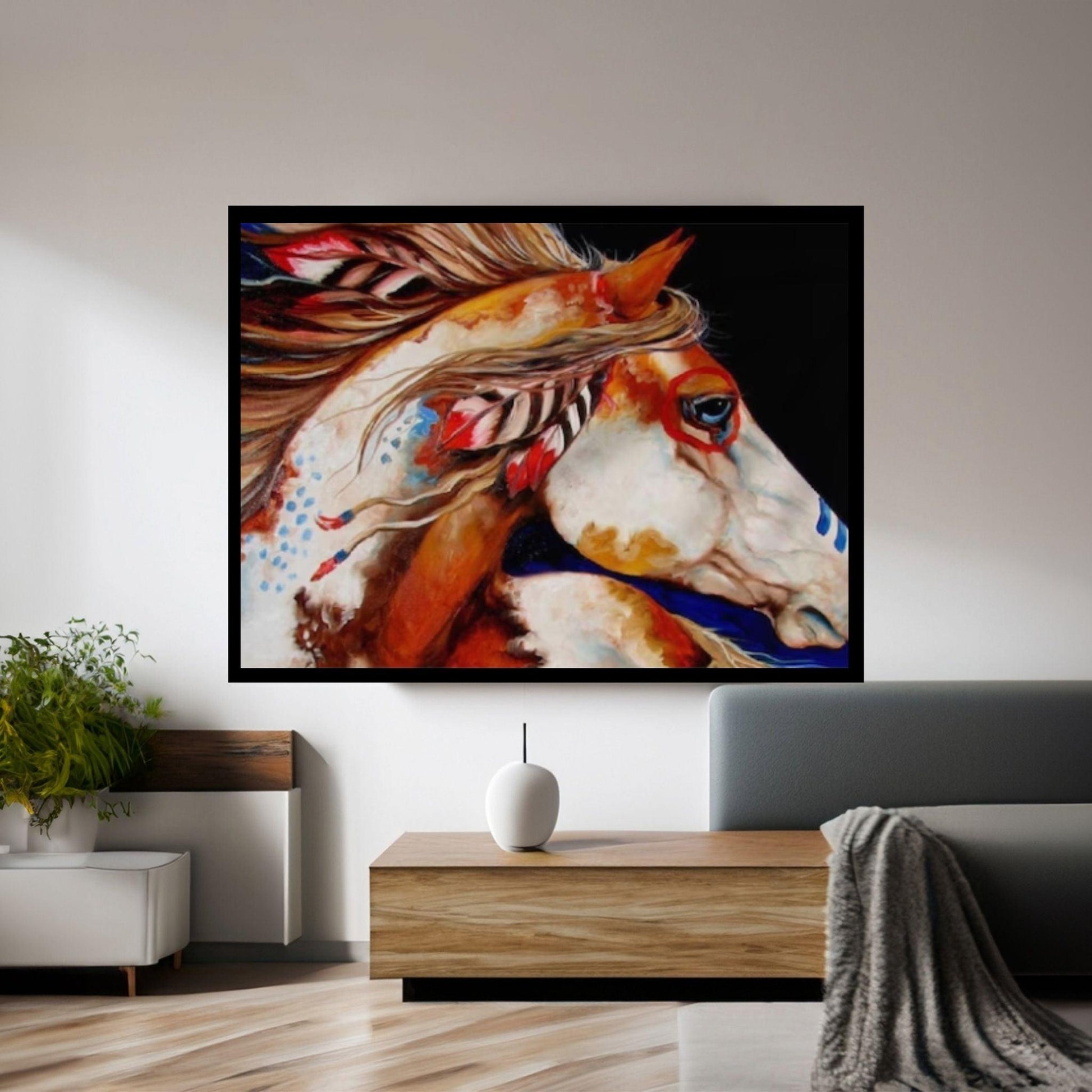 American Indian Art Canvas Wall Art Print - Native Indian Woman - Horse B&W Art - Y Canvas