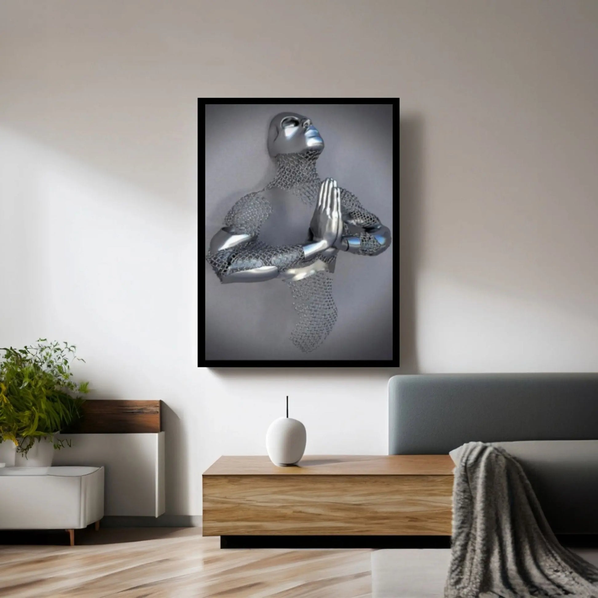 Praying Chain Grey Art Print on Canvas, Metallic Wall Art Canvas - Y Canvas