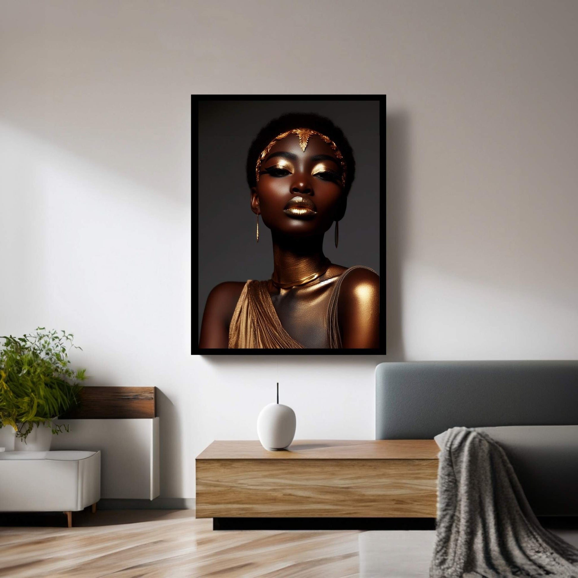 African Black Woman Gold Make-up Canvas Portrait Canvas Wall Art - Y Canvas