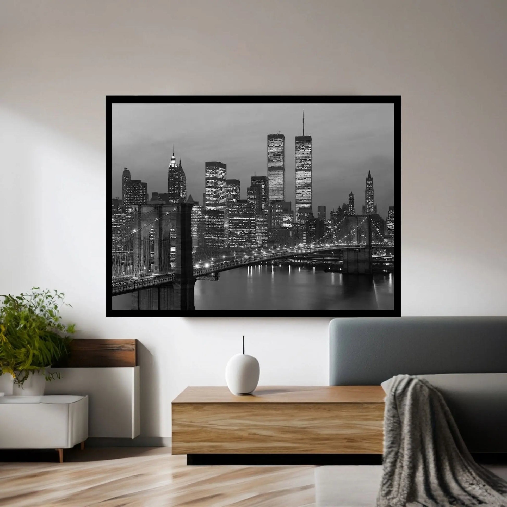 1980s New York City Lower Manhattan Skyline Brooklyn Bridge World Trade Center Canvas Wall Art - Y Canvas