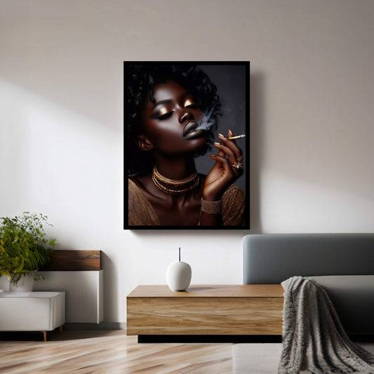 African Black Woman Gold Make-up Smoke Canvas Portrait Canvas Wall Art - Y Canvas