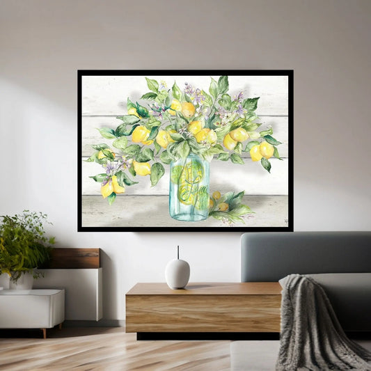 Watercolor Lemons in Mason Jar Landscape Canvas Wall Art - Y Canvas