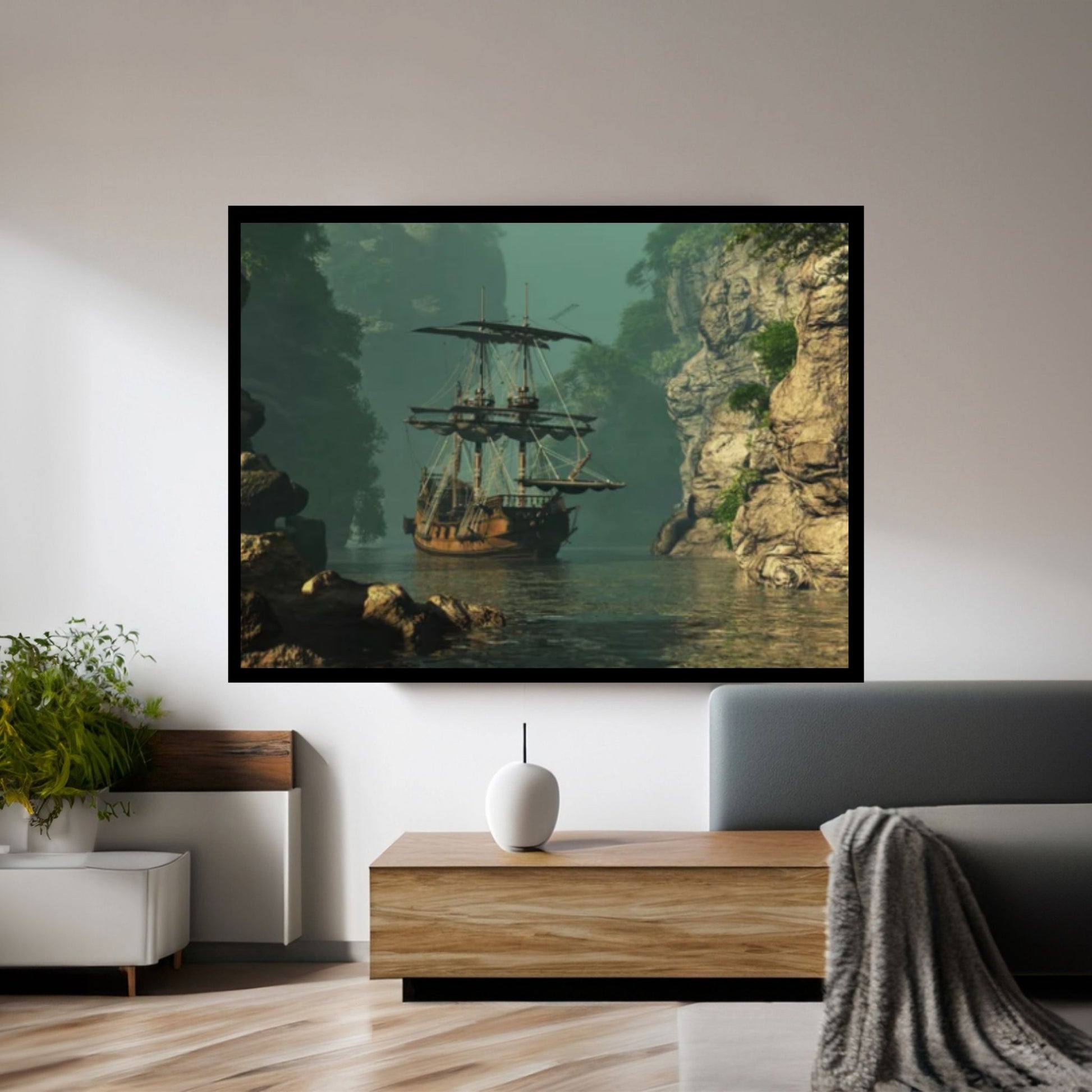 Sea Pirates Ship Canvas Wall Art, Pirates Canvas Wall Print, Corsair on Sea Wall Hangings, Dark Colours Boat Room Decor - Y Canvas