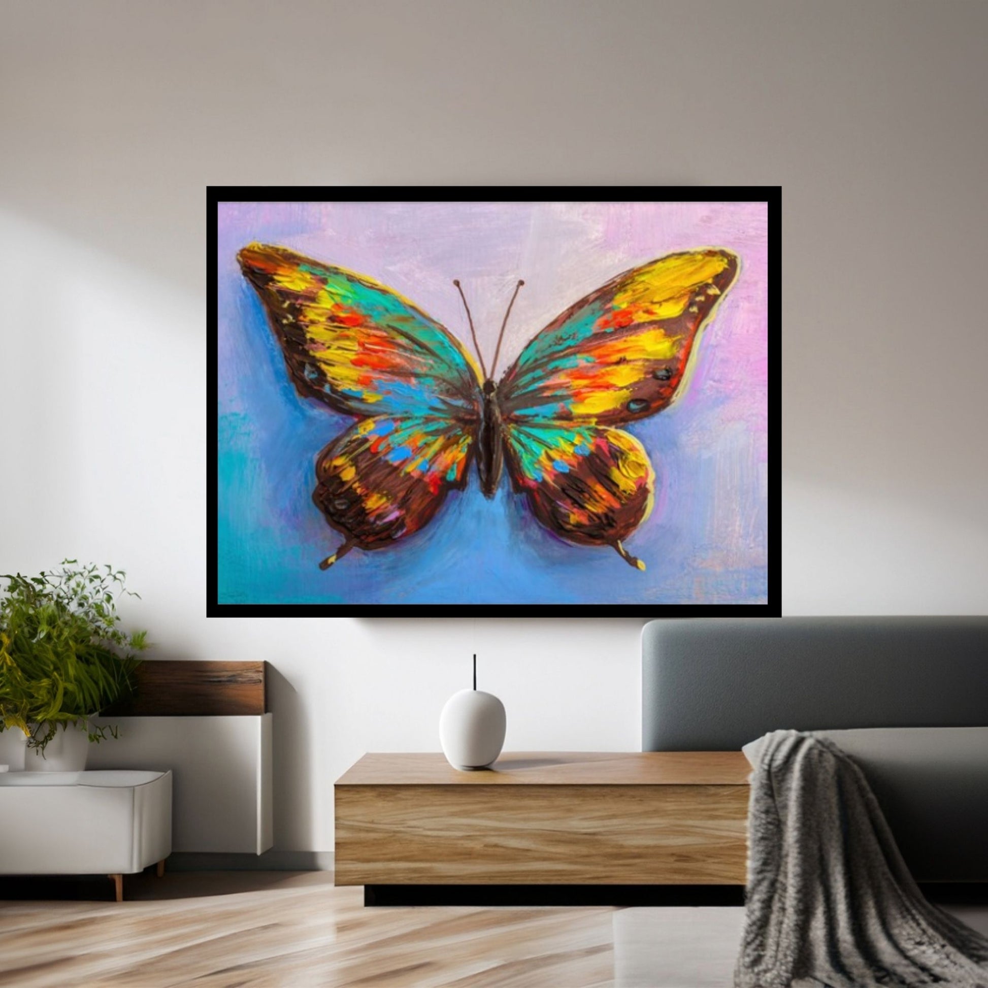 Butterfly Oil Painting On Canvas - Modern Impressionist Colorful Animal Art, Thick Paints Heavy Texture Print - Y Canvas