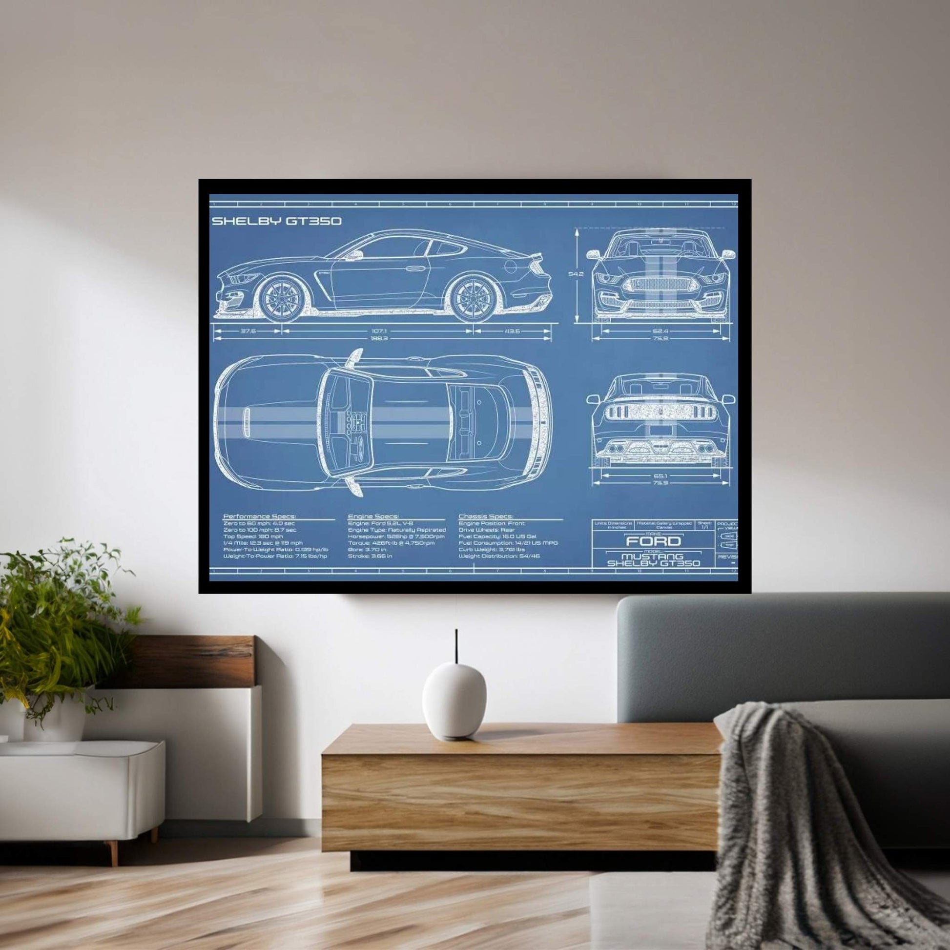 Shelby GT350 (2015-2019) Blueprint Canvas Wall Art - Y Canvas