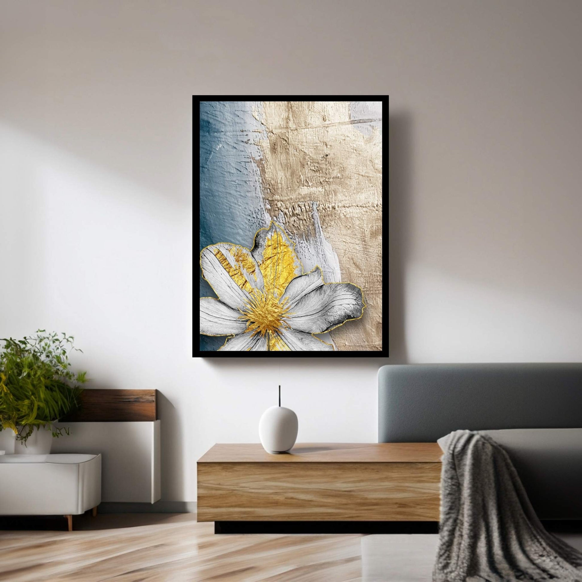 White Flower with Gold Detail Modern Abstract Canvas Wall Art - Y Canvas