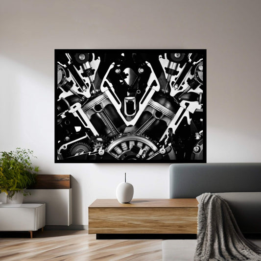 Car Engine Front Grayscale Canvas Wall Art - Y Canvas