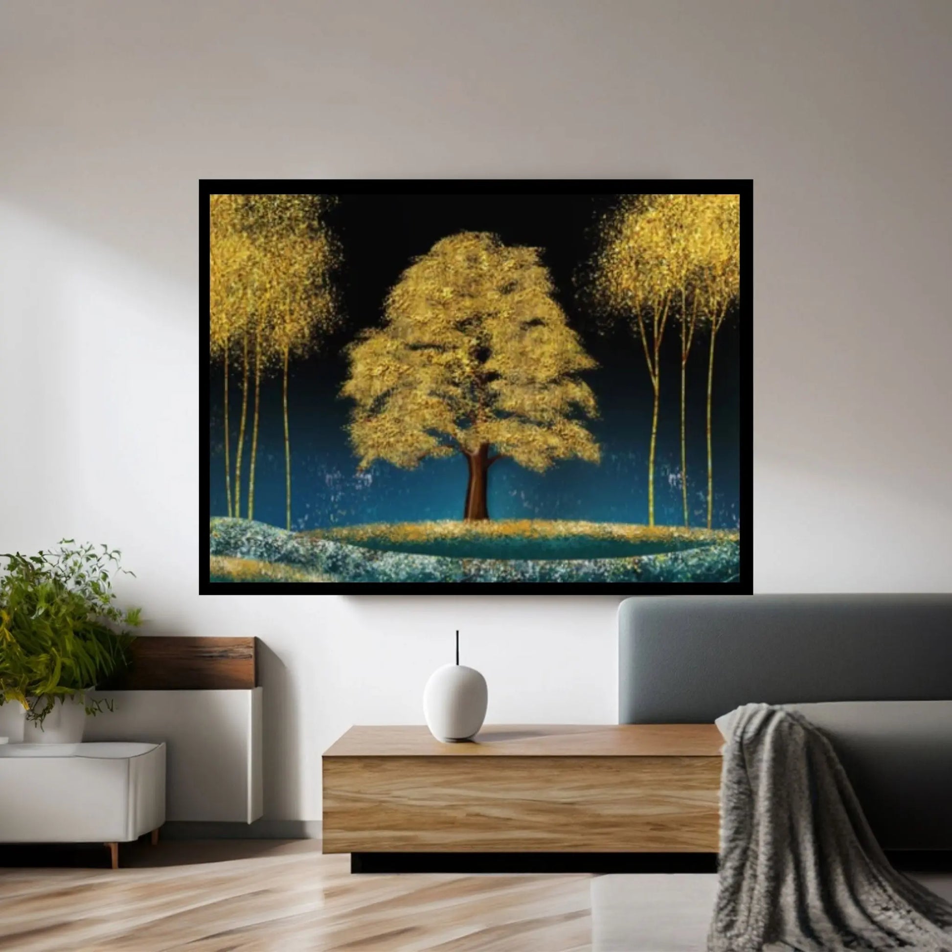 3d modern canvas wall art print poster art mural wallpaper landscape moon, golden christmas trees - Y Canvas