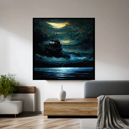 Large Dark Sea Pirates Ship Canvas Wall Art, Pirates Canvas Wall Print, Corsair on Sea Wall Hangings, Dark Colours Boat Room Decor - Y Canvas