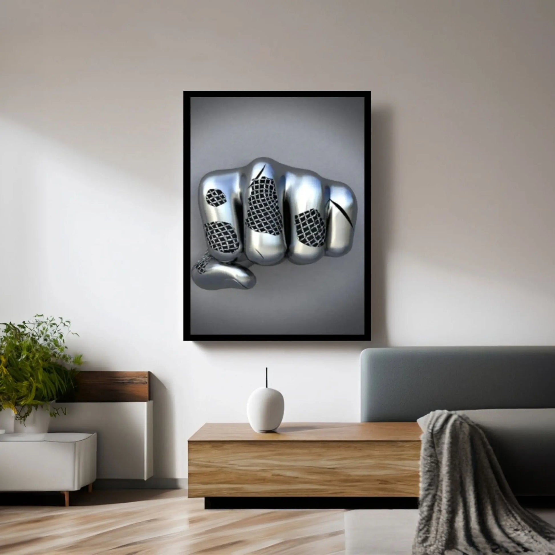 3D Effect Fist Wall Canvas, Metalic Silver Effect Hand Metallic Canvas - Y Canvas