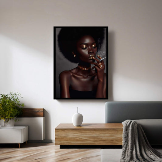 African Black Woman Gold Make-up Smoke Canvas Portrait Canvas Wall Art - Y Canvas