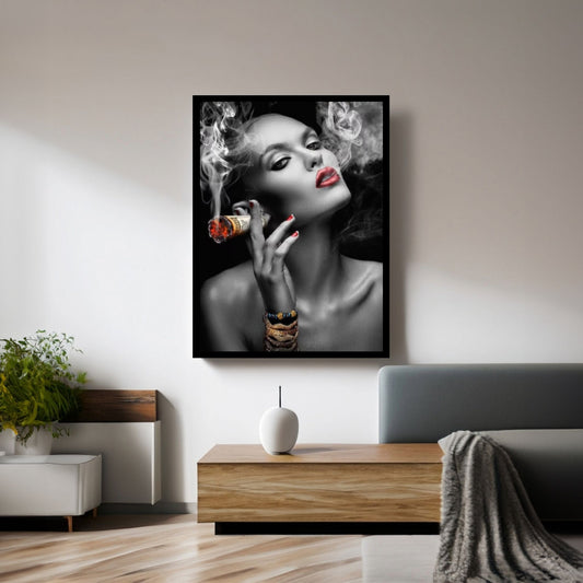 Woman Smoking Cigar Canvas, Smoking Girl Poster, Dollar Cigar Poster Art, Woman with Red Lipstick Wall Decor - Y Canvas