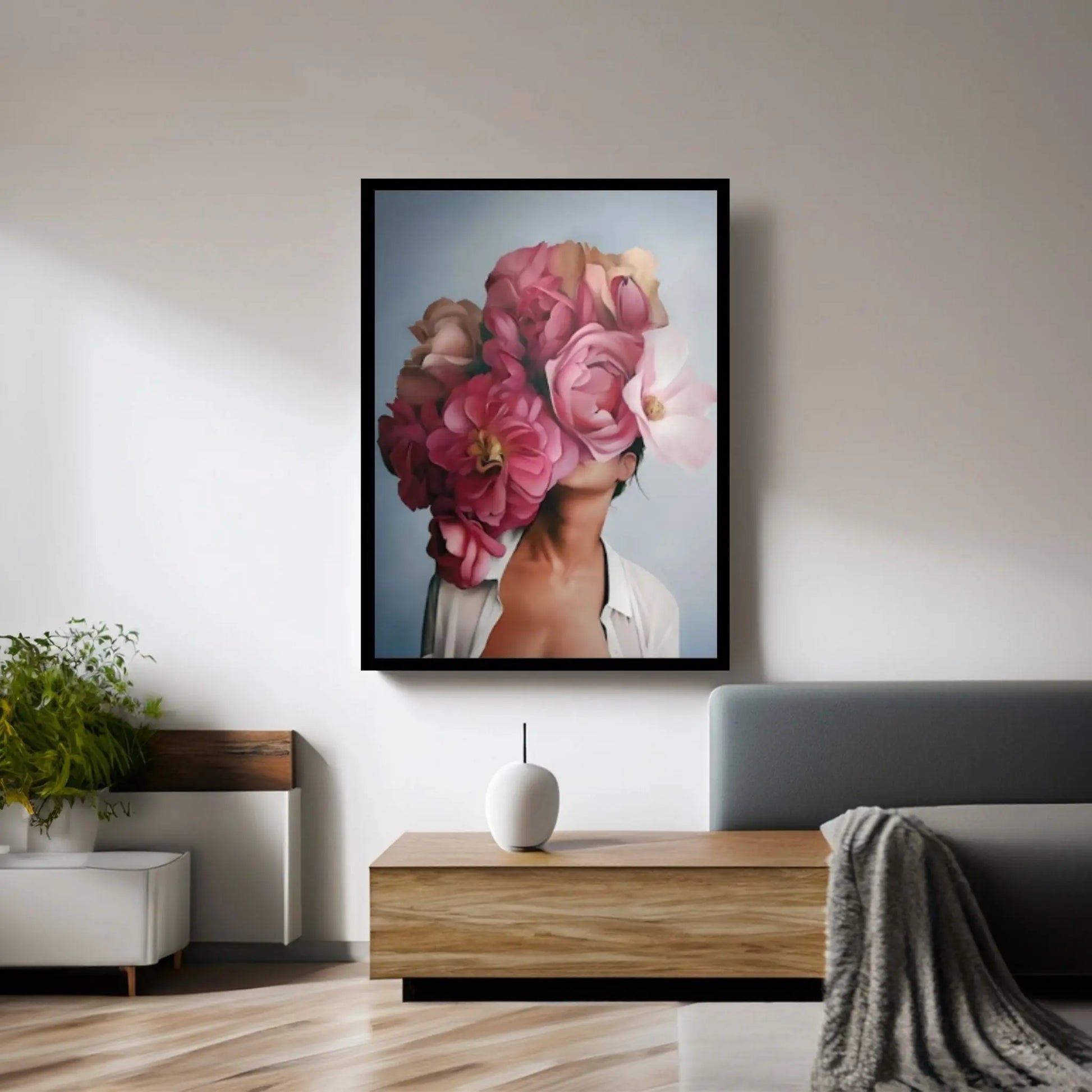 Pink Flower-Headed Woman Canvas Painting - Y Canvas