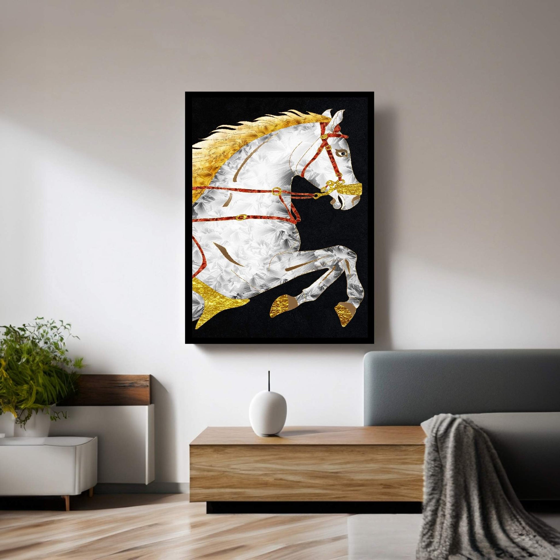 Abstract Modern White Horse with Golden Hair Canvas Wall Art - Y Canvas