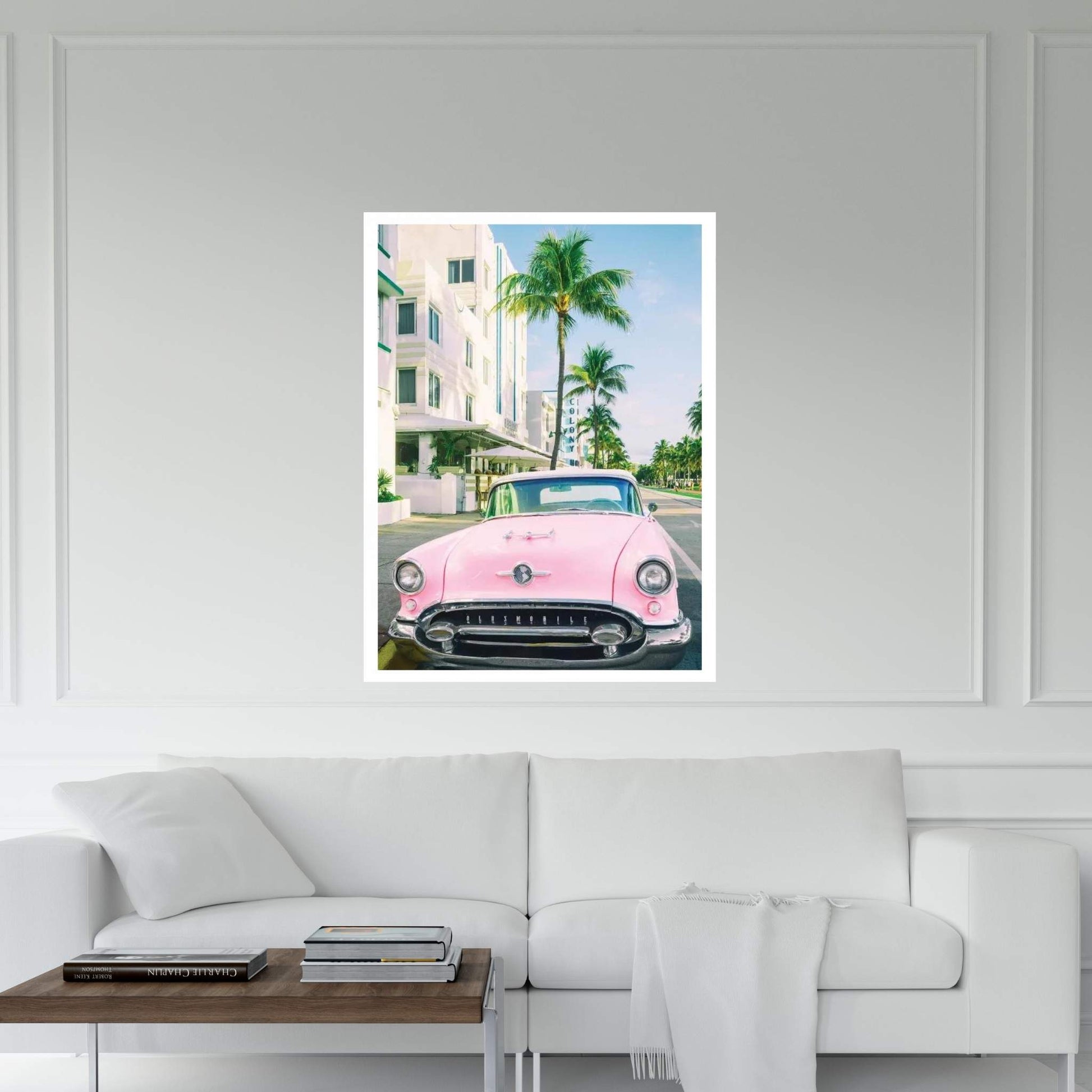 Pink Oldsmobile, Miami Art Deco, Florida Canvas Wall Art - Y Canvas