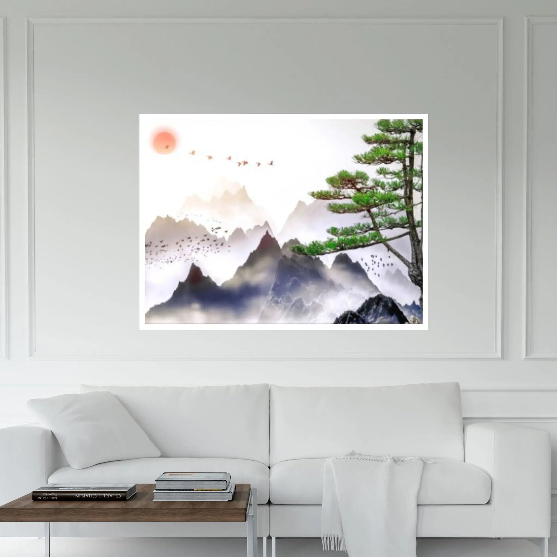 Japanese Landscape Painting of Pine Trees Canvas Wall Art, Distant Mountains, Cloud and Sunrise - Y Canvas