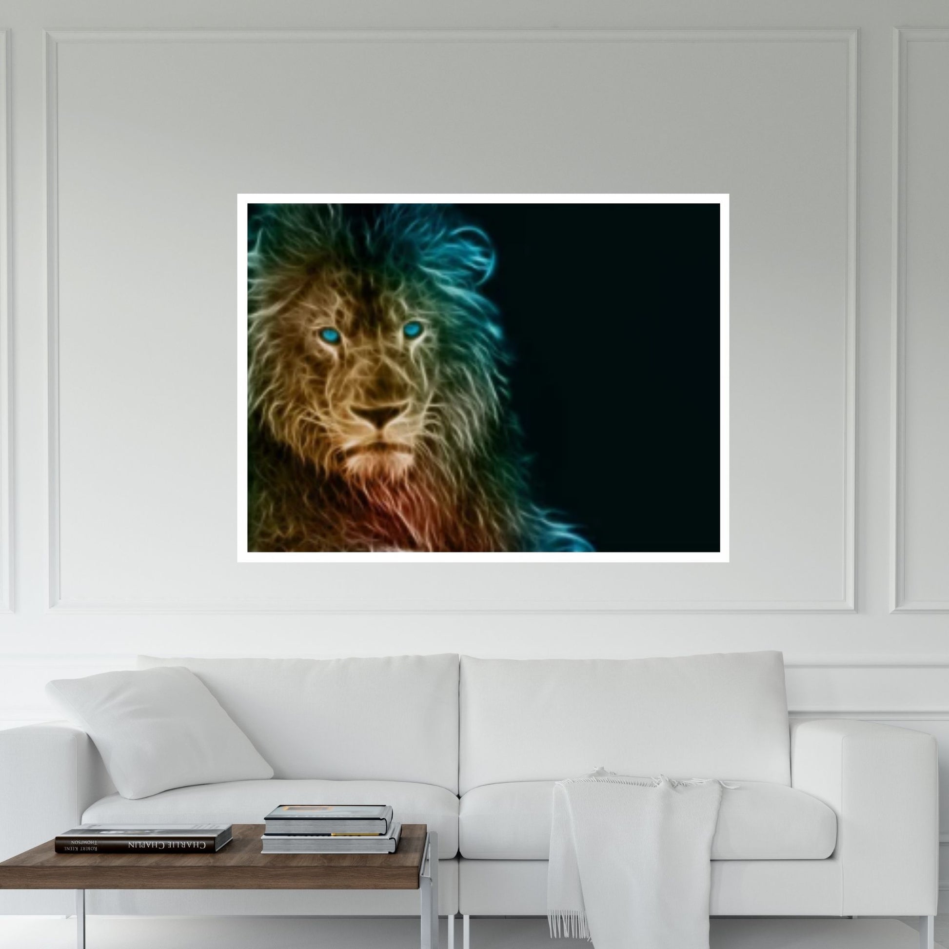 African Lion Canvas Wall Art, Black and white blue eyes lion Canvas Print - Y Canvas