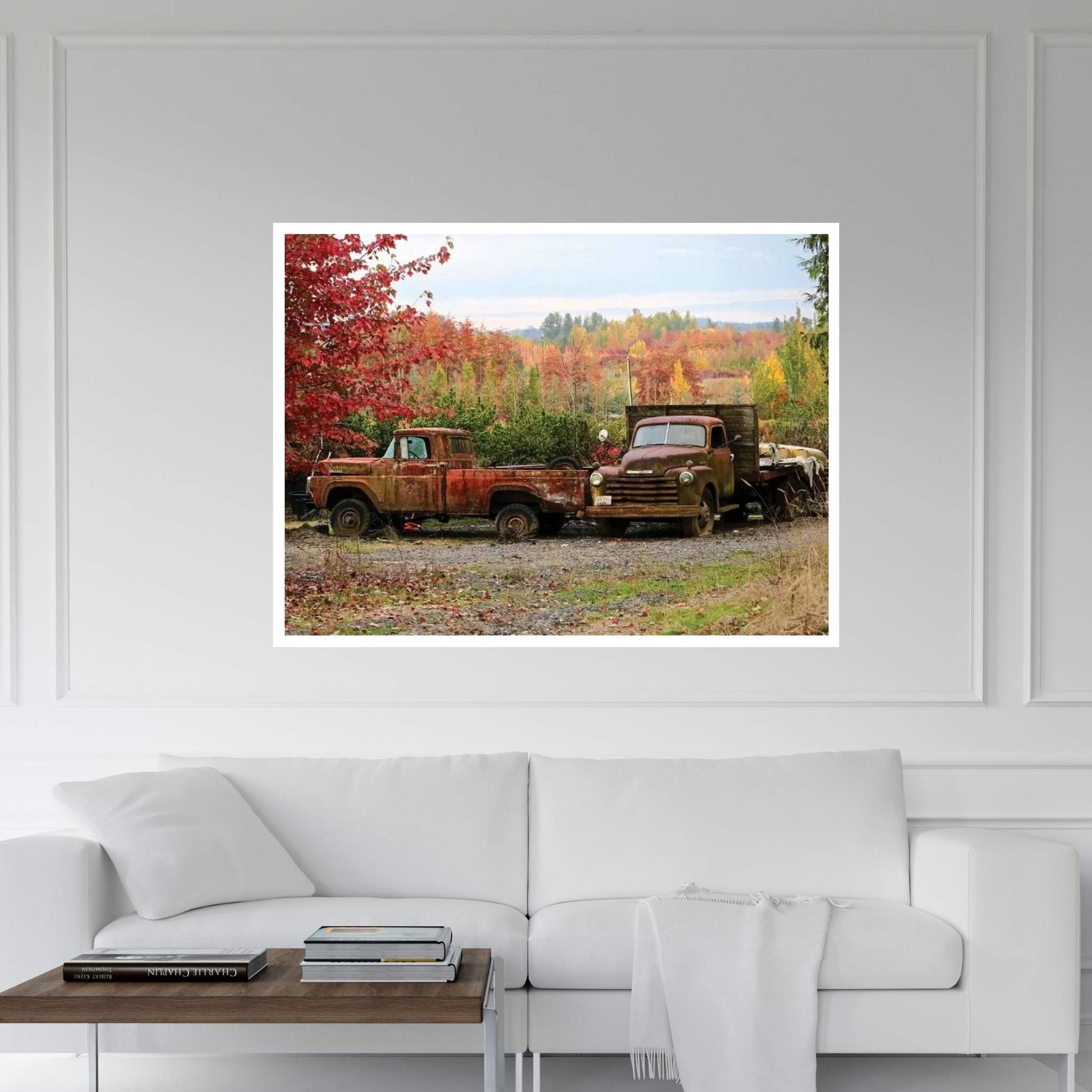 Two Autumn Vintage Trucks Canvas Wall Art - Y Canvas