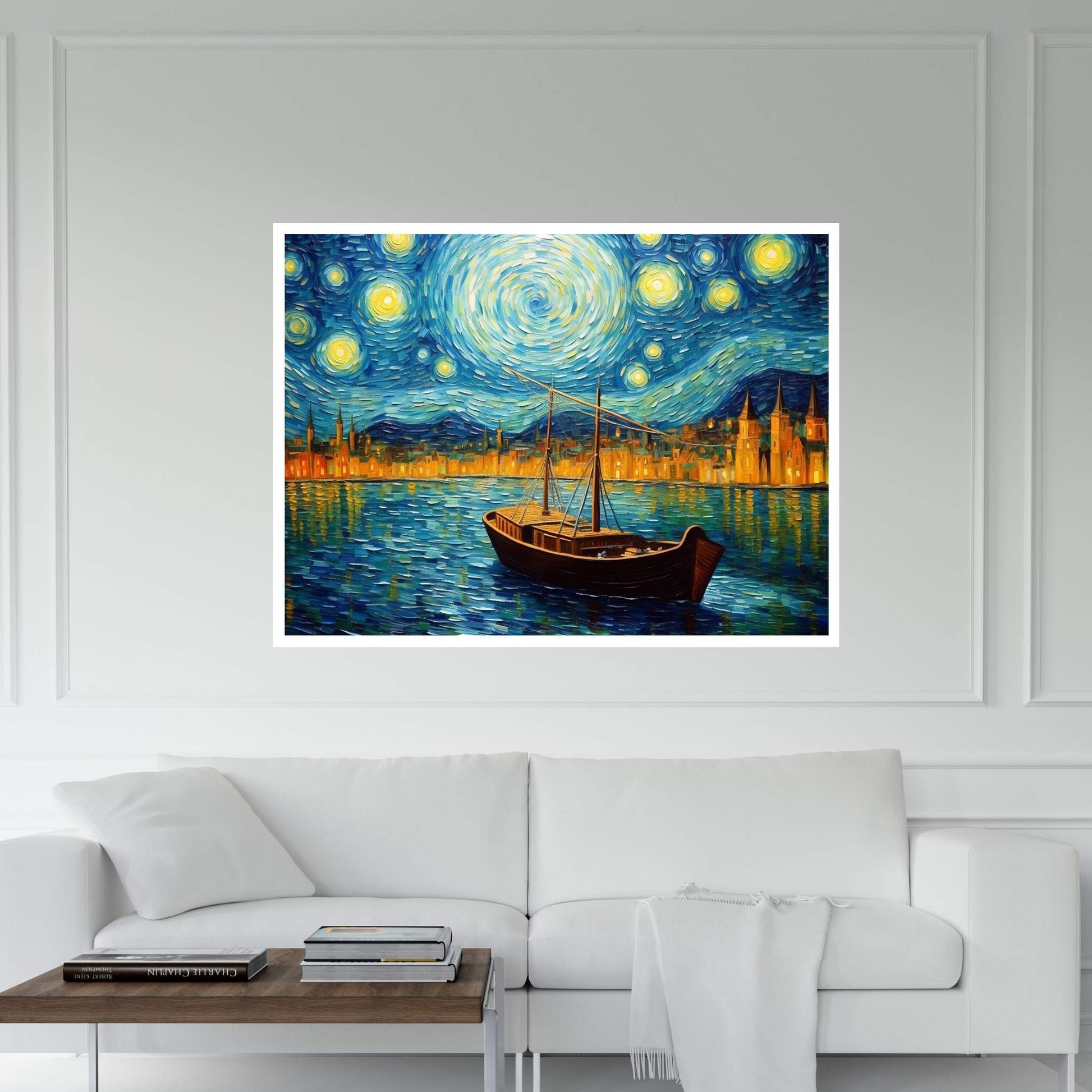 Van Gogh Style Starry Nigt Boat Ship Landscape Reproduction Canvas Wall Art - Y Canvas