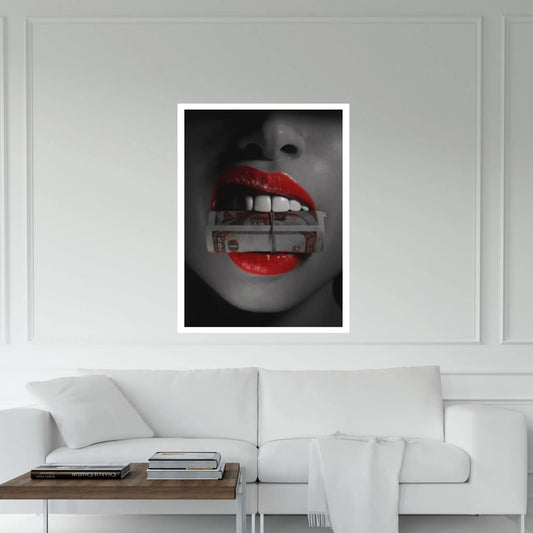 Red Lip Sexy Woman Holding Money In Her Mouth Canvas Wall Art - Y Canvas